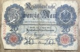 BNKSTR03DE Bancnotă Veche Germania 20 Mark 1907 (Reichsbanknote), Perioada Imperială, Vulturul German, Colecție / Numismatică