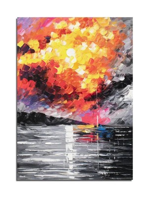 Tablou pictat manual birou, living, dormitor, Apus de soare cu velier, 70x50cm ulei pe panza efect 3D, Spectaculos foto