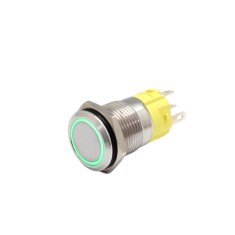 Buton push iluminat cu mentinere, 5A 12, 24V DC, 16mm, IP67, metalic, inel LED verde, 5 pini, FLM16-FJ-1-EX000-S11Z5-GREEN