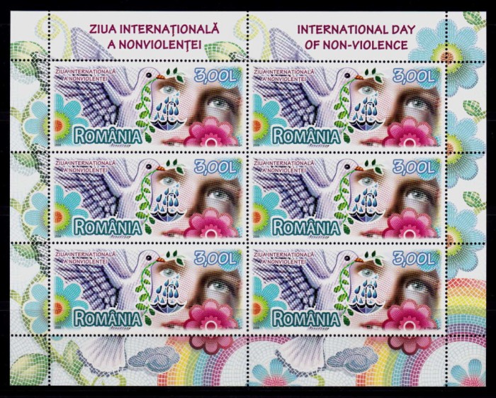 ✅RO 2009 LP 1847a &quot;Ziua Inter. a Nonviolentei&quot; , minicoala de 6 marci , MNH