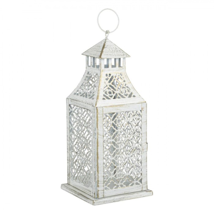 Felinar Metalic, Model Perforat, Alb, 12.5x12.5x31 cm