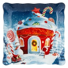 Farfurie patrata desert cu margine ondulata,Albastru,Sticla,17x17 cm