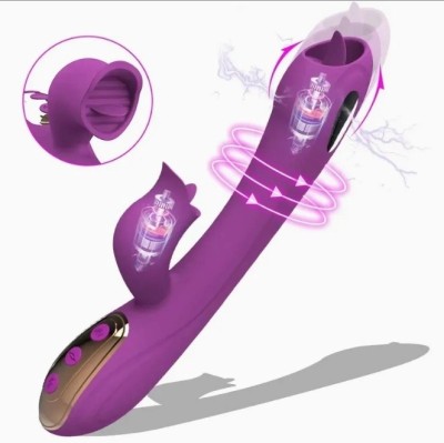 Vibrator Iepuras cu Electrostimulare, 10 Moduri Vibratii, 10 Moduri Licking, Silicon, USB, Mov, 22 cm, Mokko Toys foto