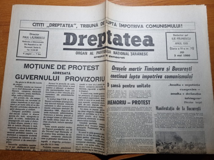 dreptatea 3 mai 1990-bucuresti, timisoara continua lupta impotriva comunismului