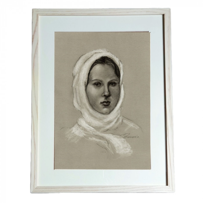 G13. Tablou, Portret de tarancuta, Tehnici mixte, carbune, inramat, 21x24cm