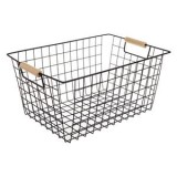 Coș de depozitare din s&acirc;rmă cu m&acirc;nere din lemn, 39.5x26x19 cm, Negru, CMCLASS