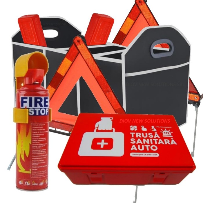 Pachet RAR: Trusa Medicala + 2 Triunghiuri + Stingator Auto + Geanta Portbagaj Pachet RAR: Trusa Medicala + 2 Triunghiuri + Stingator Auto + Geanta Portbagaj