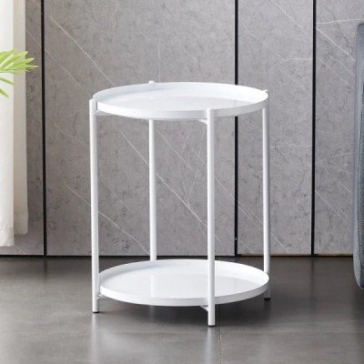 Masuta de cafea rotunda, din metal, cu 2 nivele, dimensiuni 42 x 52 cm, structura solida, tava detasabila, Greutate maxima suportata 20 kg, alb foto