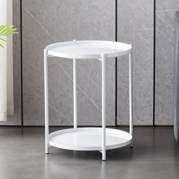 Masuta de cafea rotunda, din metal, cu 2 nivele, dimensiuni 42 x 52 cm, structura solida, tava detasabila, Greutate maxima suportata 20 kg, alb