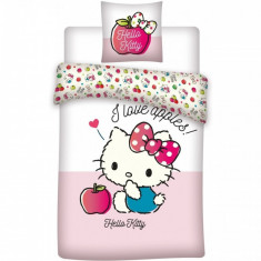 Set lenjerie Hello Kitty Apples SunCity, 100 x 135 cm, bumbac, 2 piese, Roz/Alb foto