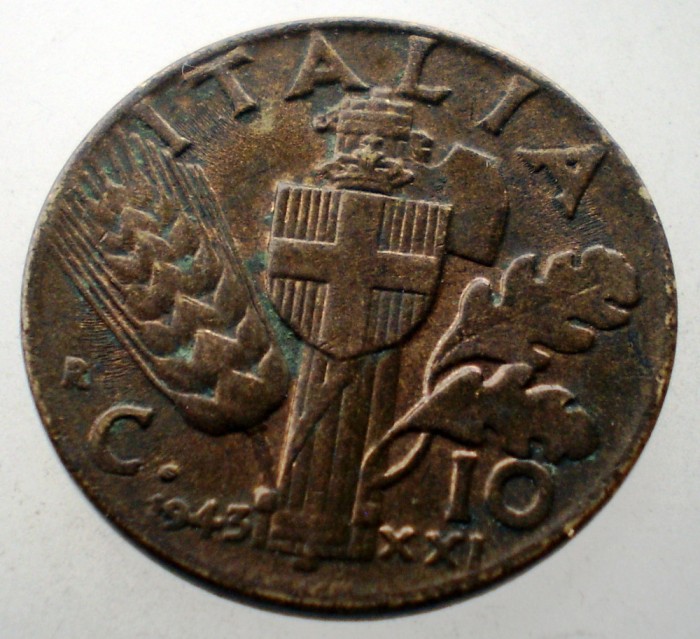 1.913 ITALIA WWII VITTORIO EMANUELE III 10 CENTESIMI 1943 R XF