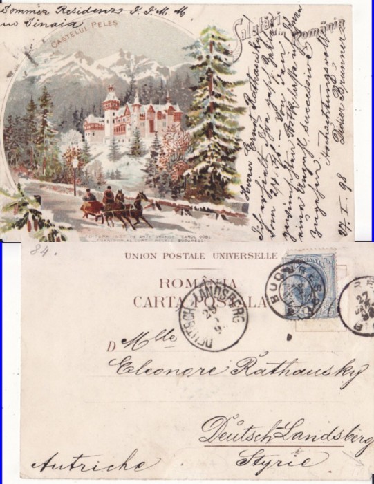 Sinaia (Peles)-Litografie 1898 -tema Casa Regala-edit. Bucuresti
