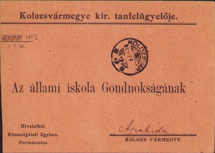 HST A2079 Plic antet Kolozsvarmegye kiraly tanfelugyeloje 1912