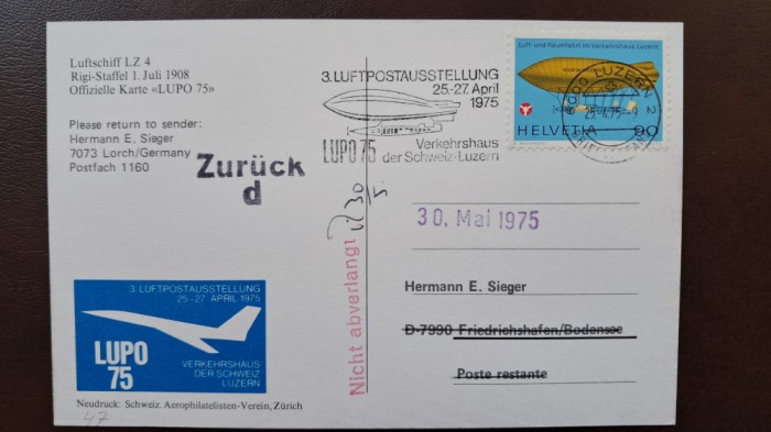 ZEPPELIN 1975 st.LUPO 75 circ.retur PERFECTA
