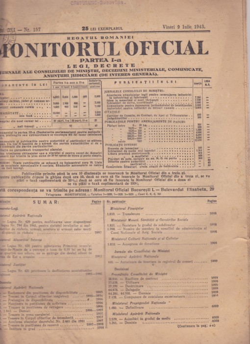 MONITORUL OFICIAL - PARTEA I a LEGI DECRETE, 1943, Nr.157