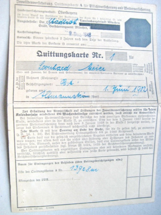 A581-I-Cetificat actiuni vechi Oberbayern Germania 1946. Carton, 21/ 15 cm.