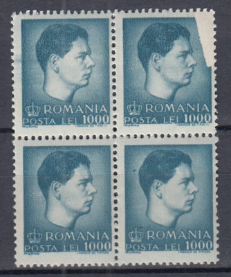 ROMANIA 1947 LP 212 REGELE MIHAI I EROARE VALOAREA 1000 LEI BLOC DE 4 TIMBRE MNH foto