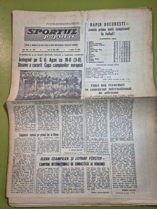 ziarul sportul popular 12 iunie 1967 - rapid bucuresti a castigat primul titlu de campioana la fotbal
