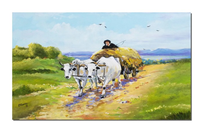 Tablou pictat manual, Car cu boi, 100x60cm ulei pe panza, reproducere Nicole Grigorescu, gata de expus pe perete