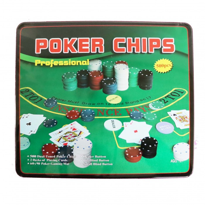 Set Poker Profesional, 500 Jetoane, 2 Pachete Carti, 3 Butoane, Dealer, Small Blind, Big Blind, Covoras Verde, 33cm x 30cm x 7cm
