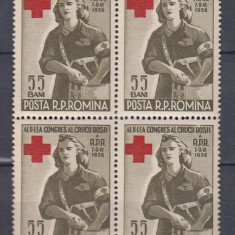 ROMANIA 1956 LP 407 CRUCEA ROSIE BLOC DE 4 TIMBRE MNH