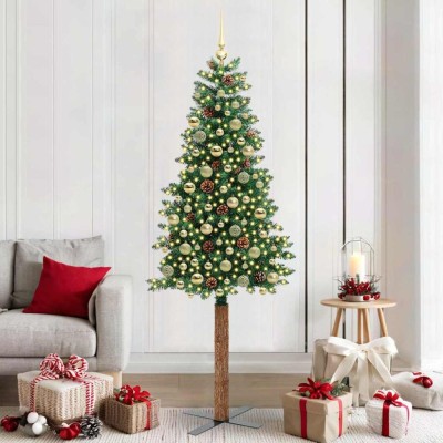 vidaXL Brad de Crăciun subțire Verde 210 cm PVC și lemn de PIN masiv 3394881 foto