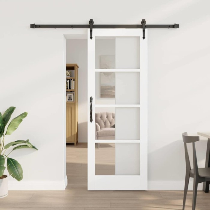 Set de ușă glisantă cu accesorii Alb 73.5x198.5 cm Lemn de pin masiv