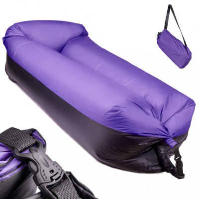 Saltea Autogonflabila Lazy Bag tip sezlong, 185 x 70cm, culoare Negru-Violet, pentru camping, plaja sau piscina foto
