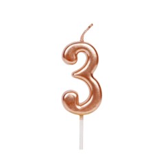 Lumanare de Tort, Cyrax, Model Cifra 3, Party, 4.5 x 2.5 cm, din Parafina, Rose Gold foto