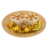 Platou Decorativ Crăciun, 2 Lum&acirc;nări Aurii, Fulgi, 13 cm, Oem