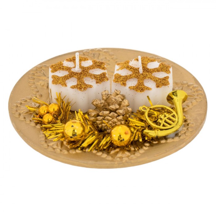 Platou Decorativ Crăciun, 2 Lum&acirc;nări Aurii, Fulgi, 13 cm