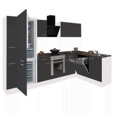 Mobilă de bucătărie de colț Yorki 310, corp alb, față antracit satinat, element inferior cuptor, dulap inferior frigider