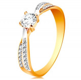 Inel de logodnă din aur de 14K - braţe intersectate, zirconiu rotund, transparent - Marime inel: 49