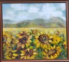 Pictura Ulei Peisaj C&acirc;mp Floarea Soarelui Castel, 104x94 cm, Semnat BR, Tablou Mare Decorativ cu Ramă