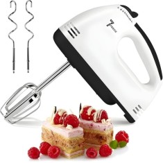 Mixer de mana, cu 7 viteze, putere 260W, 2 teluri si 2 carlige din INOX, alb