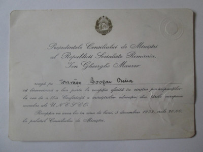 Invitatia lui I.Gh.Maurer catre Crina Decusara Bocsan la receptia UNESCO 1973 foto