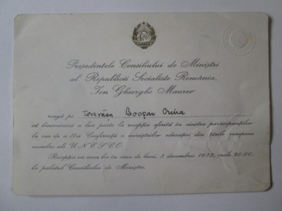 Invitatia lui I.Gh.Maurer catre Crina Decusara Bocsan la receptia UNESCO 1973 foto