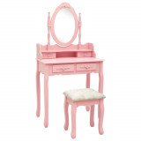 Set masa de toaleta cu taburet roz 75x69x140 cm lemn paulownia GartenMobel Dekor, vidaXL