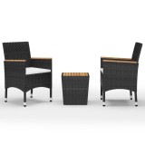 Set mobilier bistro, 3 piese, negru, poliratan/lemn de acacia