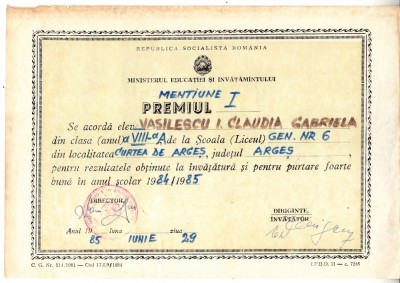 QW13 11 - 1985 - diploma - clasa 8 - Scoala generala nr 6 - Curtea de arges foto