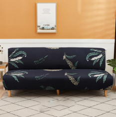 Husa universala pentru canapea, pat, model negru cu frunze verzi, 190 x 210 cm foto
