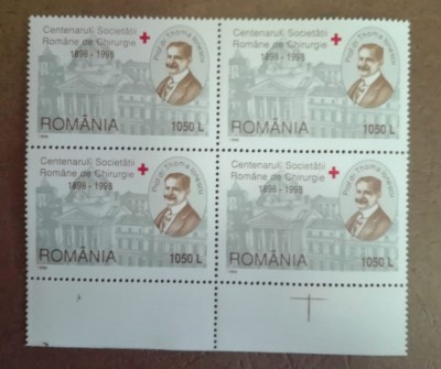 TIMBRE ROMANIA MNH LP1453/1998 CENTENAR SOC. ROMANA DE CHIRURGIE BLOC 4 TIMBRE foto