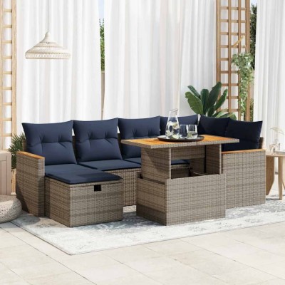 vidaXL Set canapele grădină perne 7 piese gri, poliratan/lemn acacia 3328118 foto