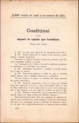 A404 Condițiuni pentru depuneri de capitale spre fructificare, Institutul de credit și economii Albina din Sibiu, sf&amp;acirc;rșit de secol al XIX-lea foto