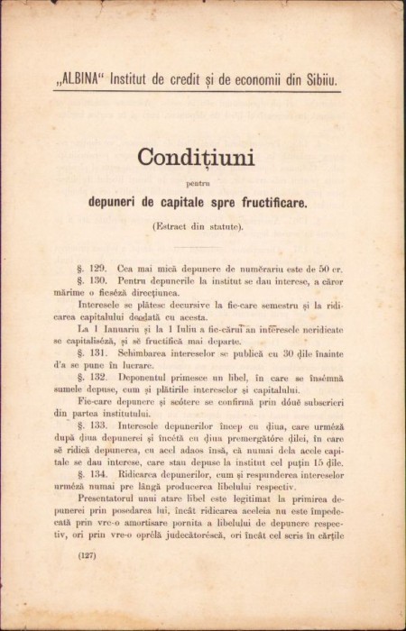 A404 Condițiuni pentru depuneri de capitale spre fructificare, Institutul de credit și economii Albina din Sibiu, sf&acirc;rșit de secol al XIX-lea