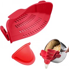Strecuratoare silicon rosu cu prindere universala &acirc; rezistenta la caldura, 23x12.5x6.7 cm, pentru paste, fructe, legume