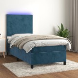 Cumpara ieftin Pat cu arcuri, saltea și LED, bleumarin, 90x190 cm, catifea
