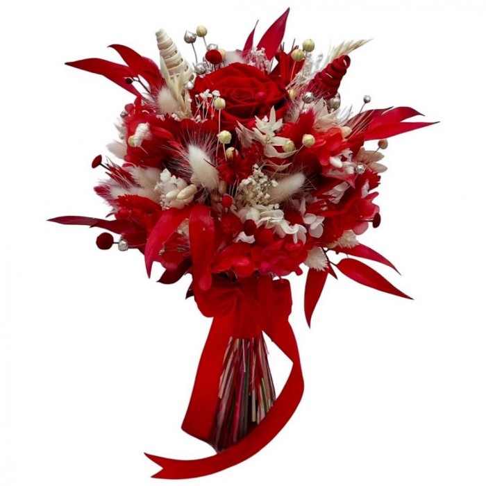 Buchet rosu personalizabil cu flori criogenate si naturale uscate