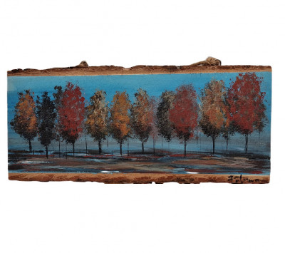 Pictura pe felie de lemn, Copaci Autumnali, 11 x 25 cm foto