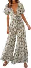 ivimos Salopeta de vara pentru femei, bumbac, cu decolteu in V adanc, maneci scurte, cu volane, cu imprimeu floral, pantalon boho, salopeta verde mare foto
